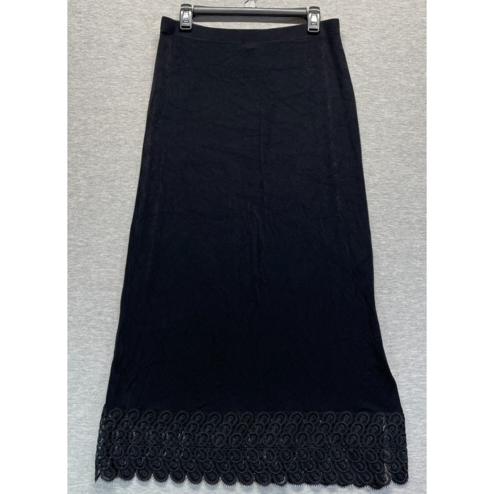 Chico's Knit Maxi Skirt Womens 1 Black Ankle Slit Crochet Lace Scalloped Hem
